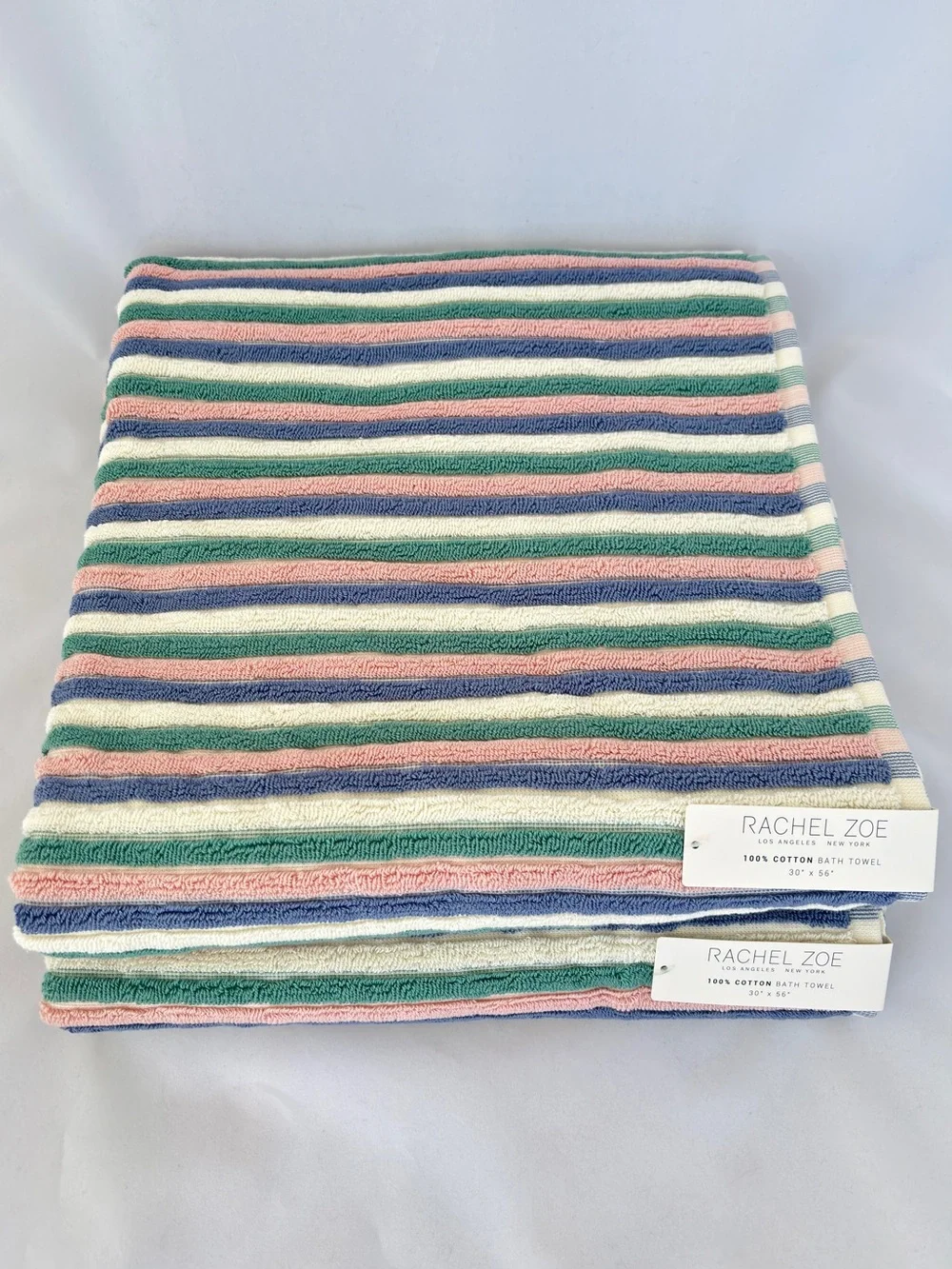 NWT Rachel Zoe Cotton Bath Towels Set of 2 Retro Pastel Striped Ribbed Coastal